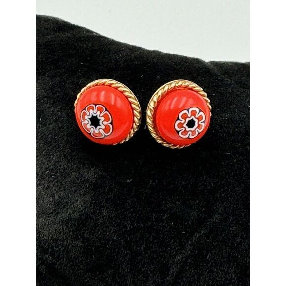 Signed XO 12k GF Orange Blue Millefiore‎ Murano Glass Cabochon Pierced Earrings - Picture 1 of 7